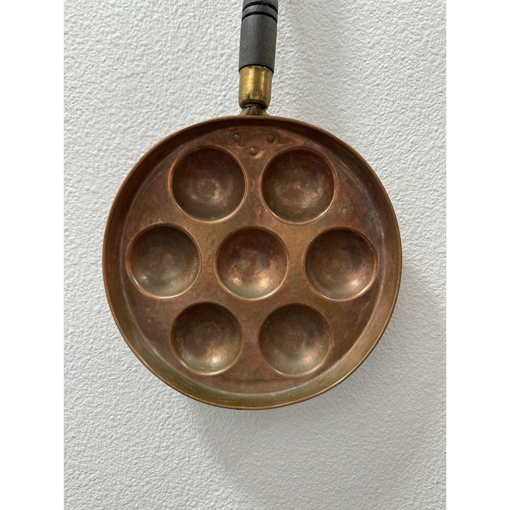 Copper Brass Escargot Egg Pan with Wood Handle Primitive
